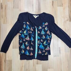 HWR Navy Blue Cardigan Sweater with Colorful Sailboat Print - XS